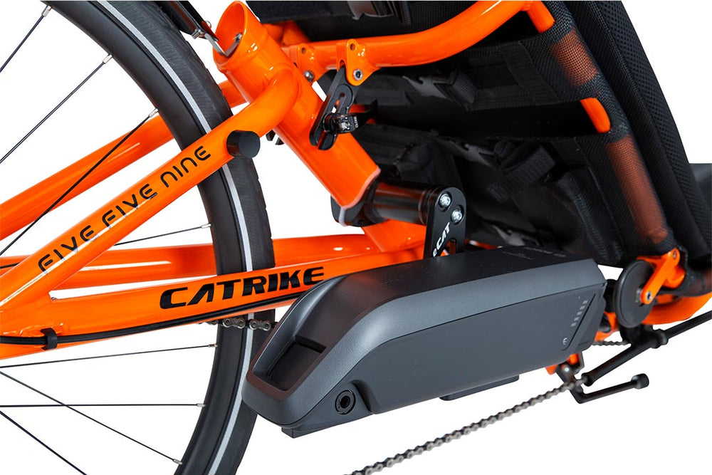 Catrike eCAT 5.5.9 orange aluminum frame with folding hinge clamp and Bosch battery, Five Five Nine badge