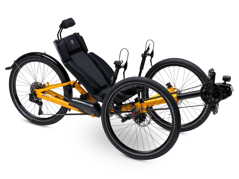AZUB T-Tris AR recumbent trike in yellow, three-quarter studio view