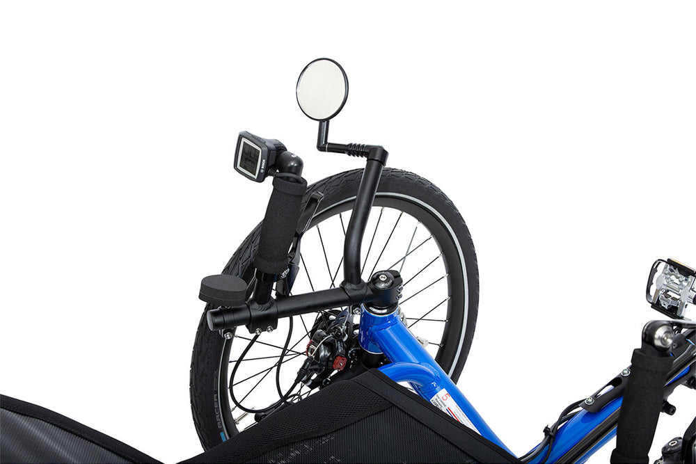Catrike eCAT Expedition direct steering cockpit with handlebar grips, mirror and Bosch Purion display
