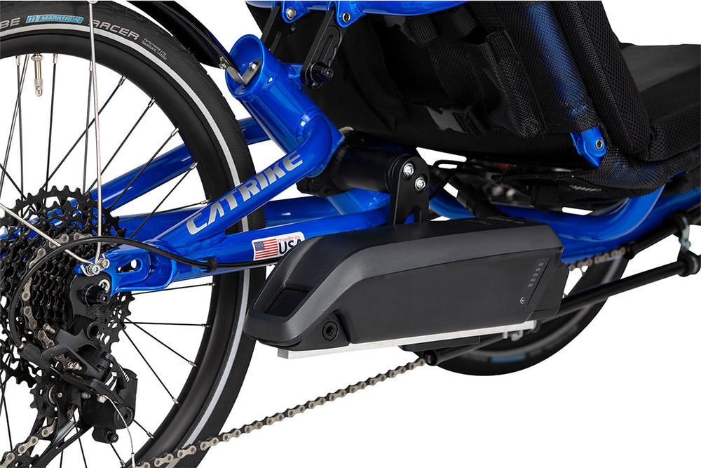 Catrike eCAT Villager welded 7005 aluminum frame with Made in USA badge and rear cassette