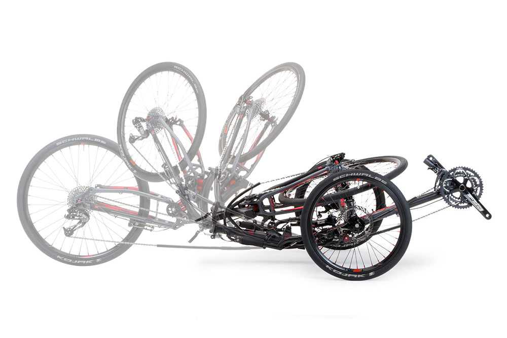 ICE Sprint X Tour recumbent trike folding with the Compact Flat Twist fold, rear wheel pivoting between the front wheels