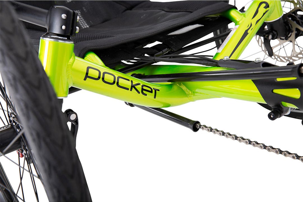 Catrike eCAT Pocket compact space frame close-up showing the Pocket badge on the small green frame