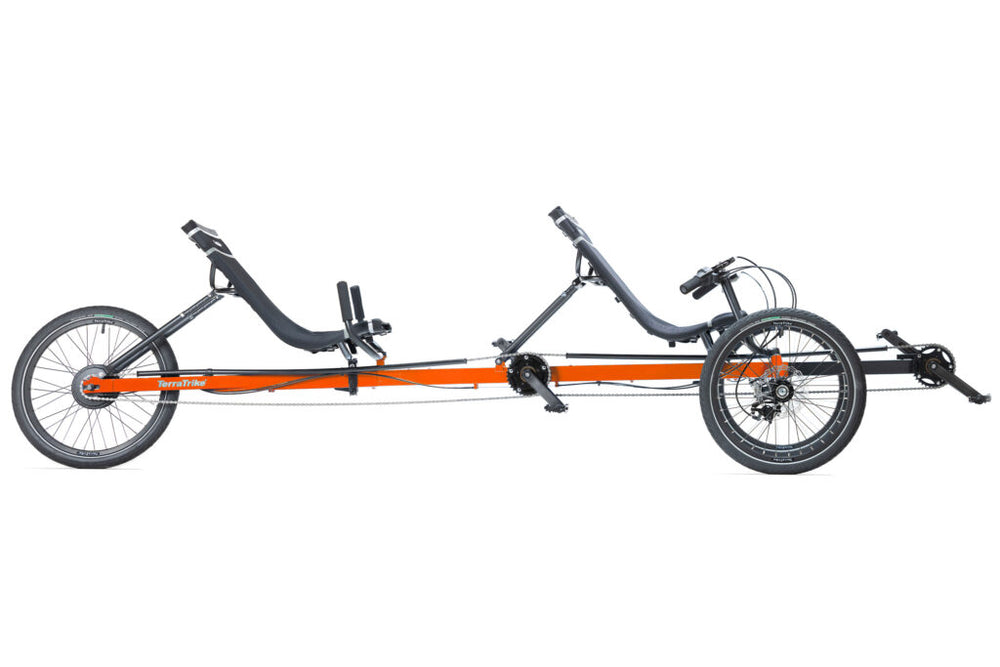 TerraTrike Rover Tandem e+ side profile in Habanero showing both riders' independent crank sets