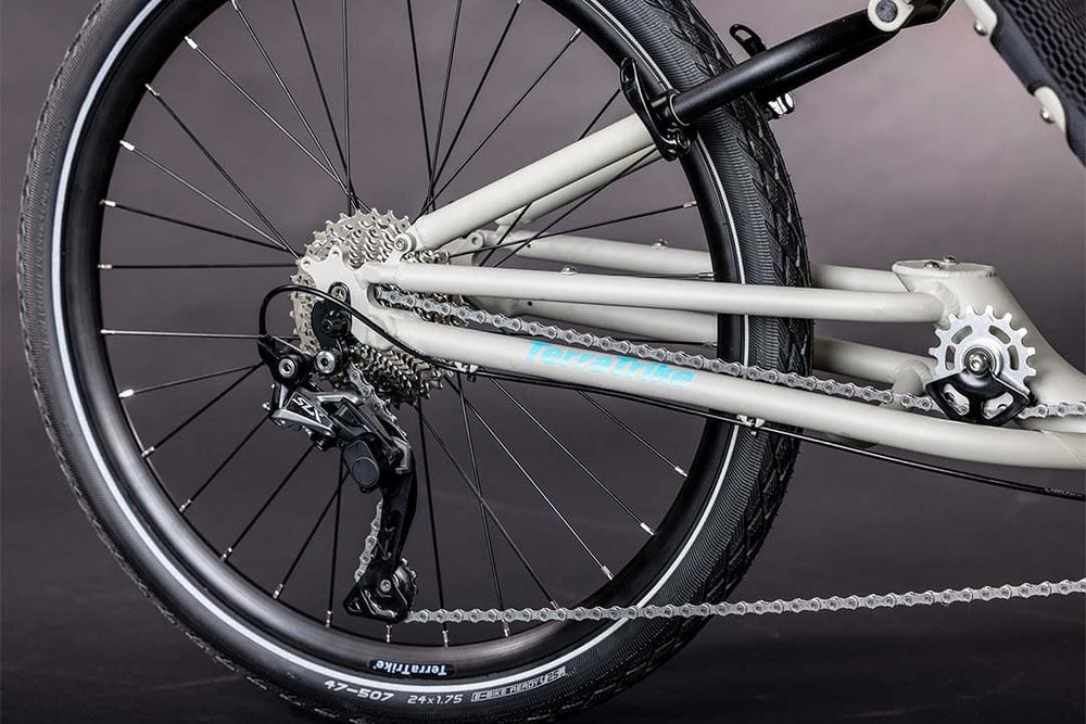 TerraTrike GTS rear cassette, Shimano SLX derailleur and chain on the 24-inch rear wheel