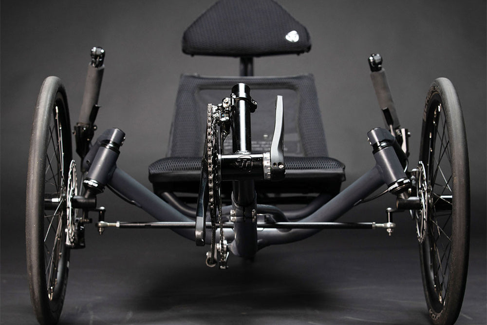 Front view of the TerraTrike Spyder showing its direct steering tie rods and dual front wheels