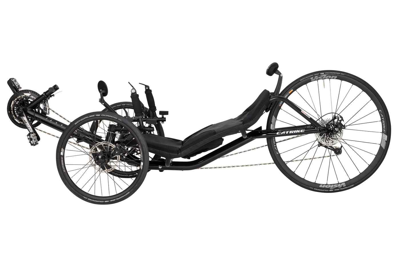 Catrike 700 recumbent trike side profile showing the long wheelbase, 700c rear wheel, and FSA triple crankset