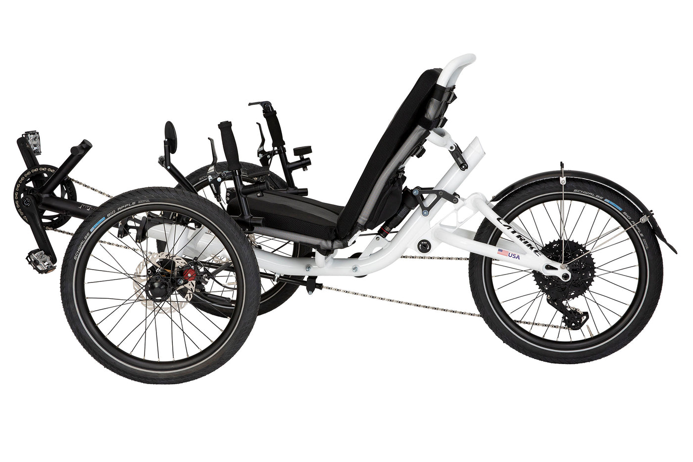 Catrike All Road full suspension recumbent trike, side profile showing the higher 13-inch adjustable seat