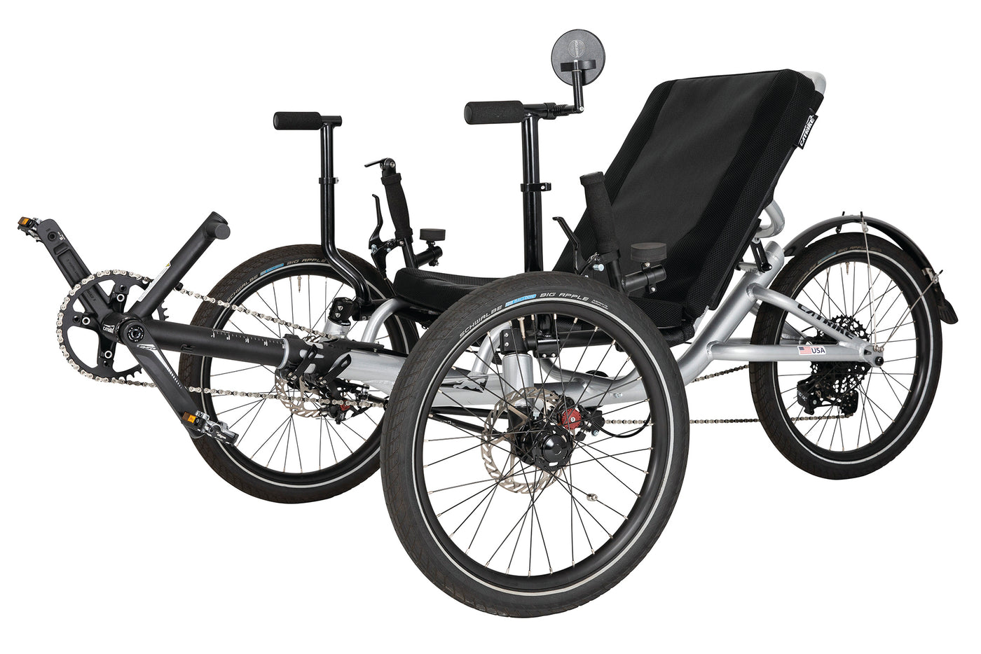 Catrike MAX recumbent trike side profile showing the 1x11 SRAM drivetrain, chain run, and Schwalbe Big Apple tires