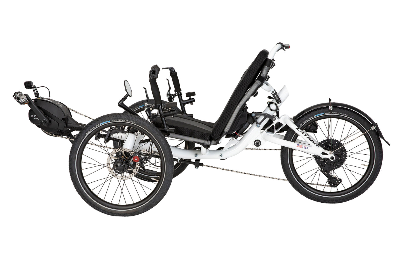 Side profile of the Catrike All Road eCAT showing the 13 inch adjustable seat height