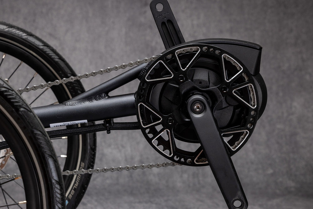 Bosch Performance Line mid-drive motor and crankset on the TerraTrike GTS e+ recumbent trike