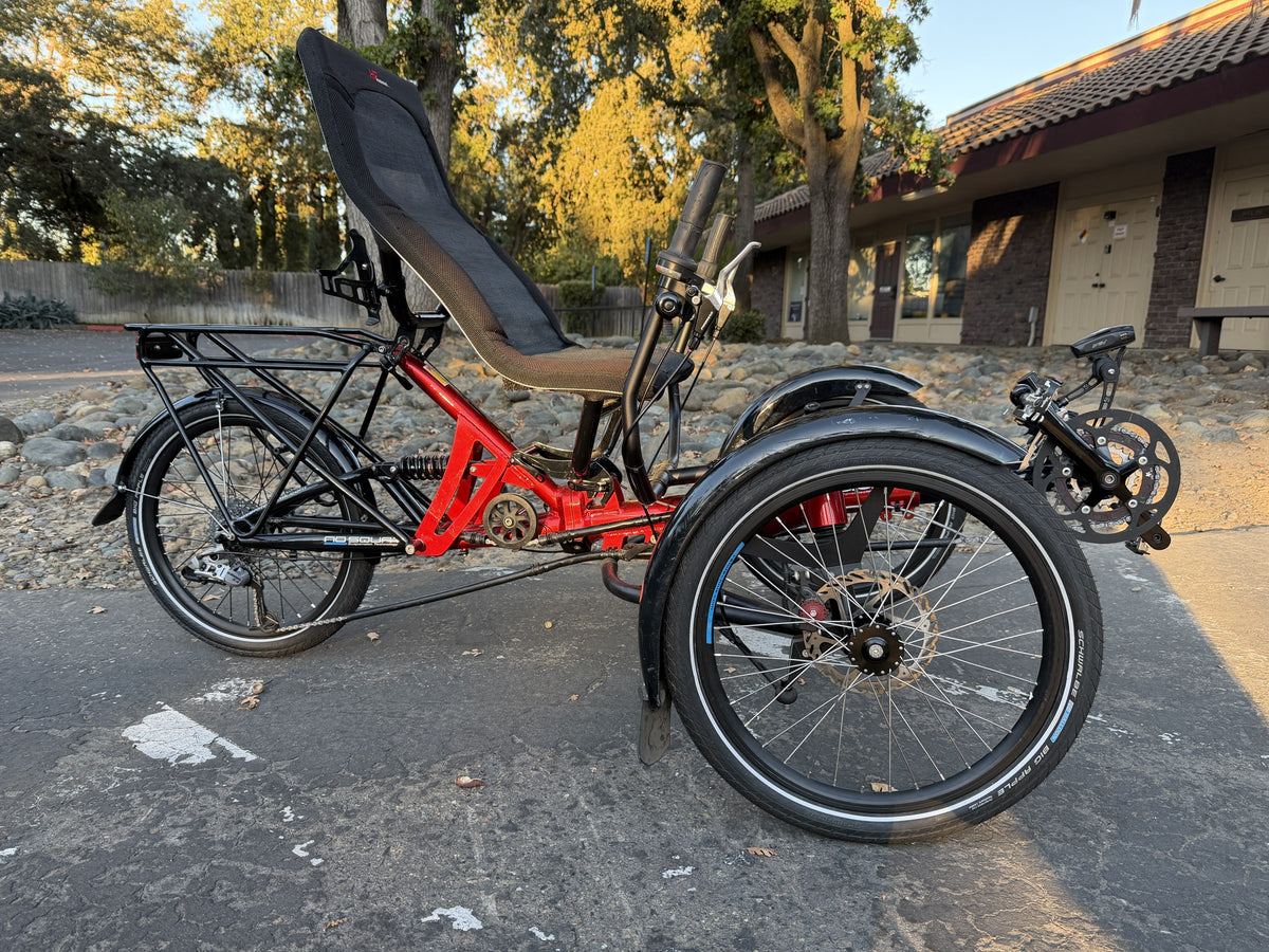 Used HP Velotechnik Scorpion high-seat trike, red, side view