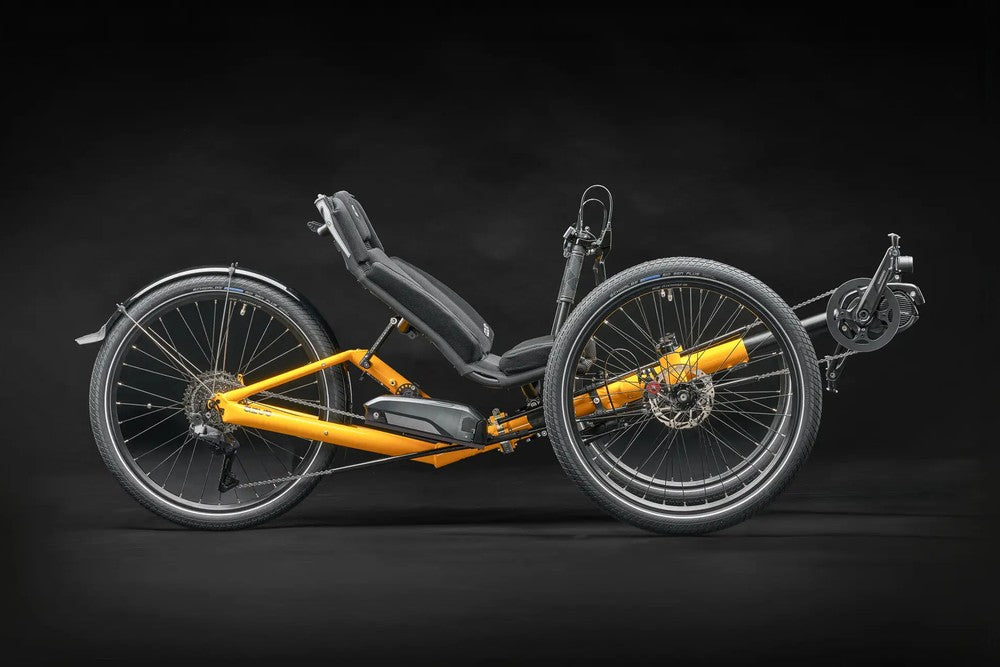 AZUB T-Tris AR recumbent trike side profile in yellow showing oversized aluminum frame