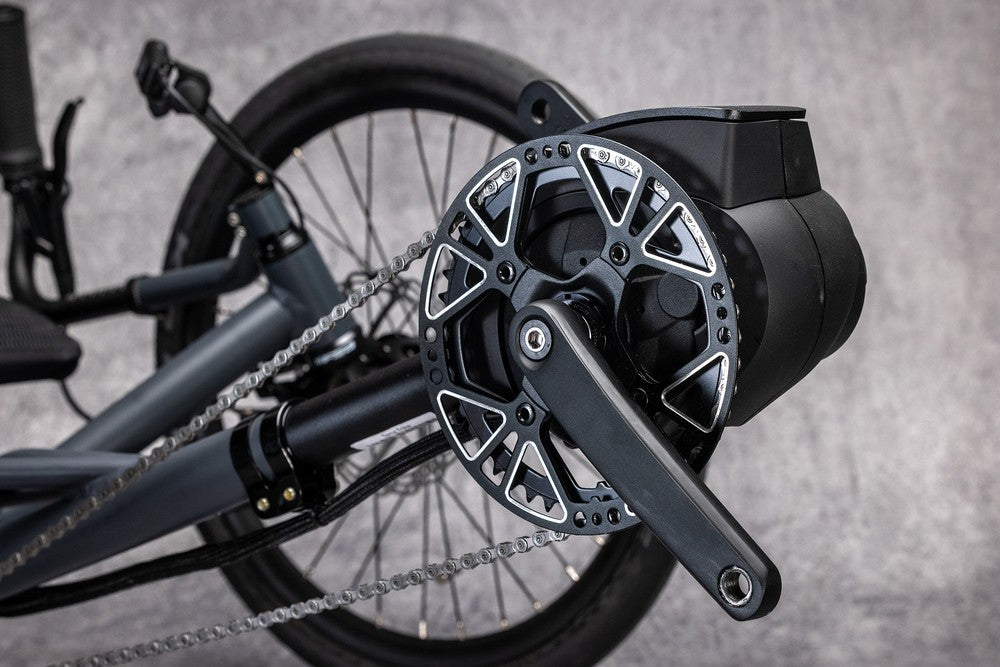 Bosch Performance Line mid-drive motor and crankset on the TerraTrike Spyder e+