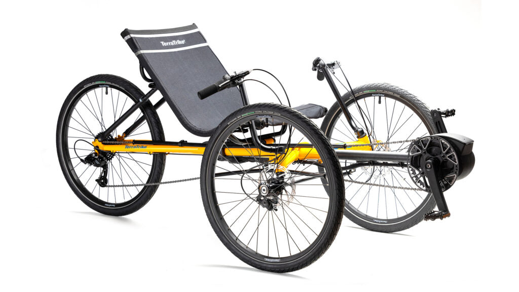 TerraTrike Rebel e+ three-quarter view in Saffron Yellow