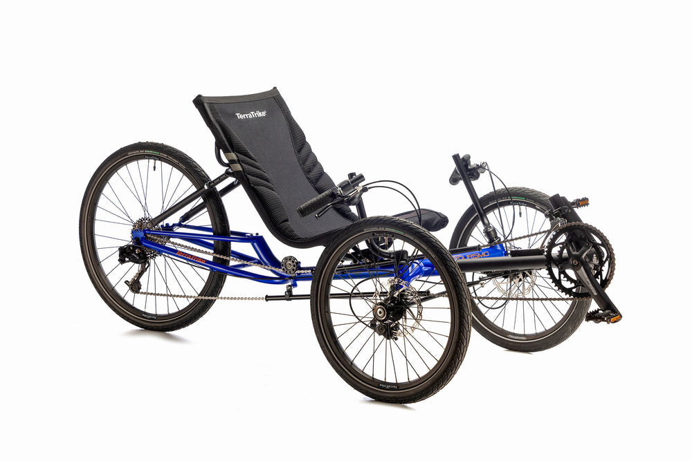 TerraTrike Gran Tourismo in True Blue, three-quarter view showing the contoured comfort seat and Y-frame