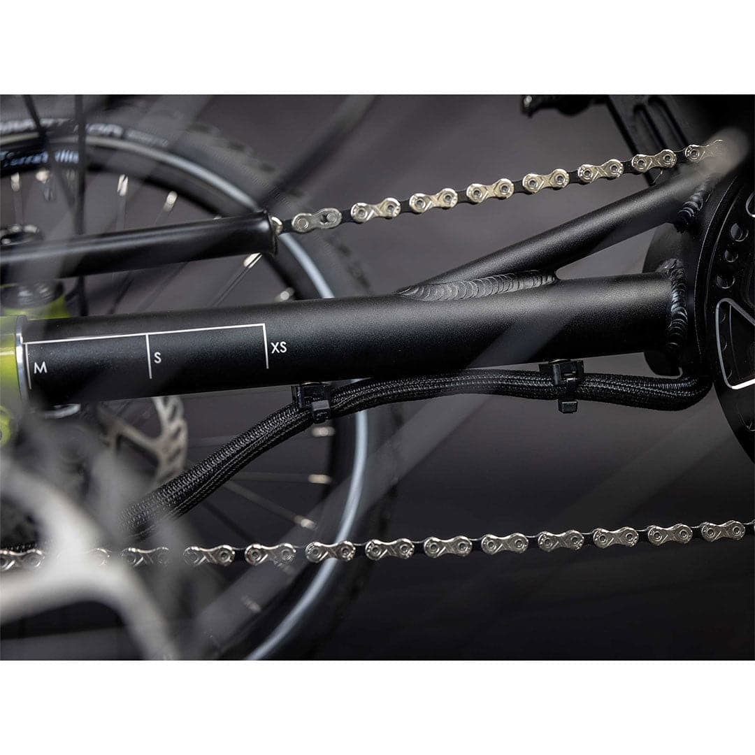 TerraTrike EVO drive chain side close up of trike chain and electrical wires underneath seat