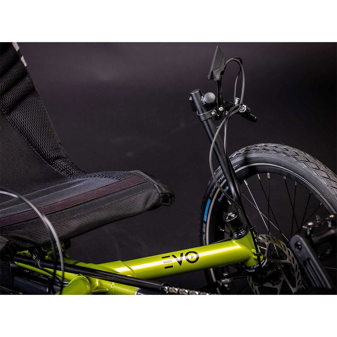 TerraTrike EVO drive chain side close up of seat, frame, and left handle bar