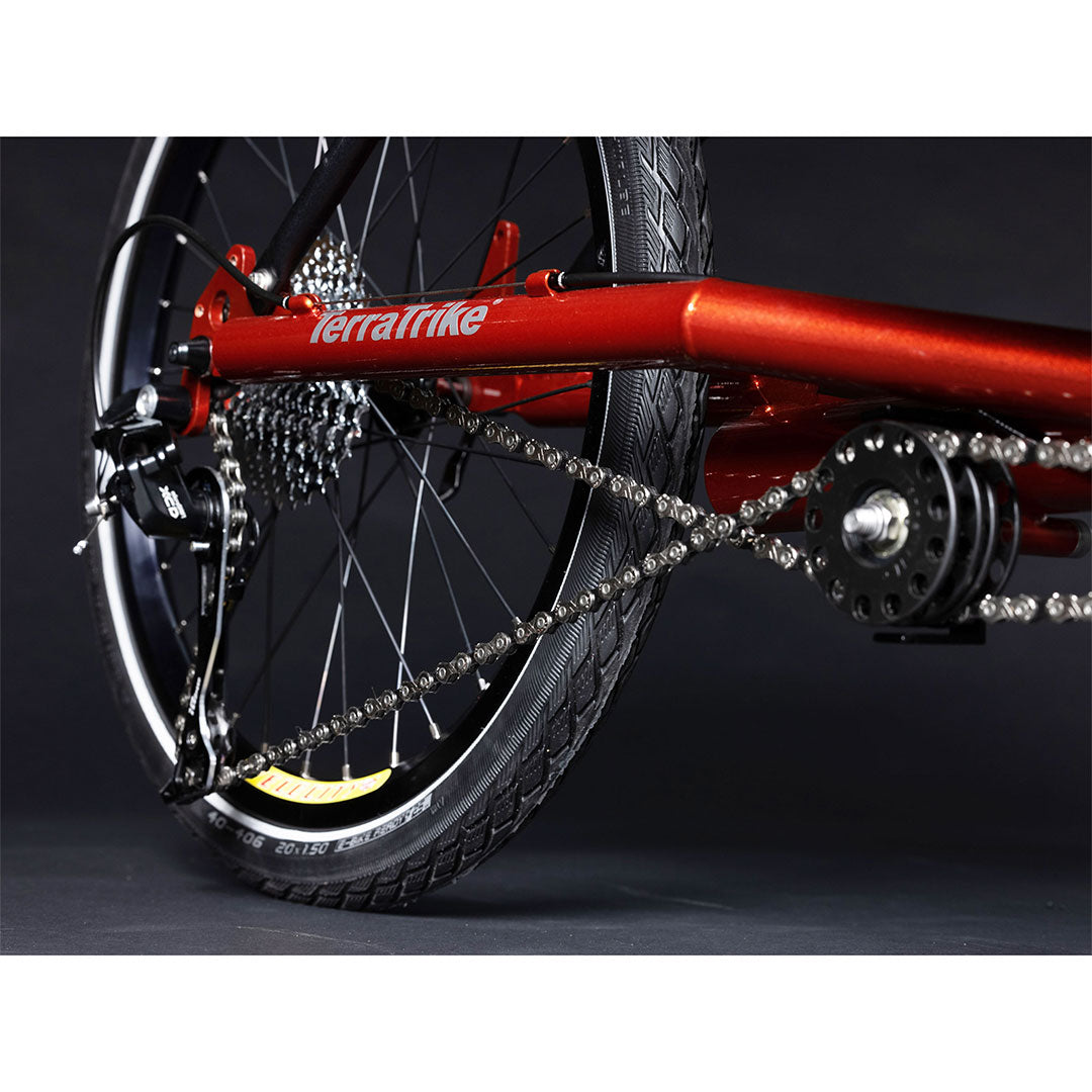TerraTrike Tandem Pro drive chain side close up of rear wheel and trike frame