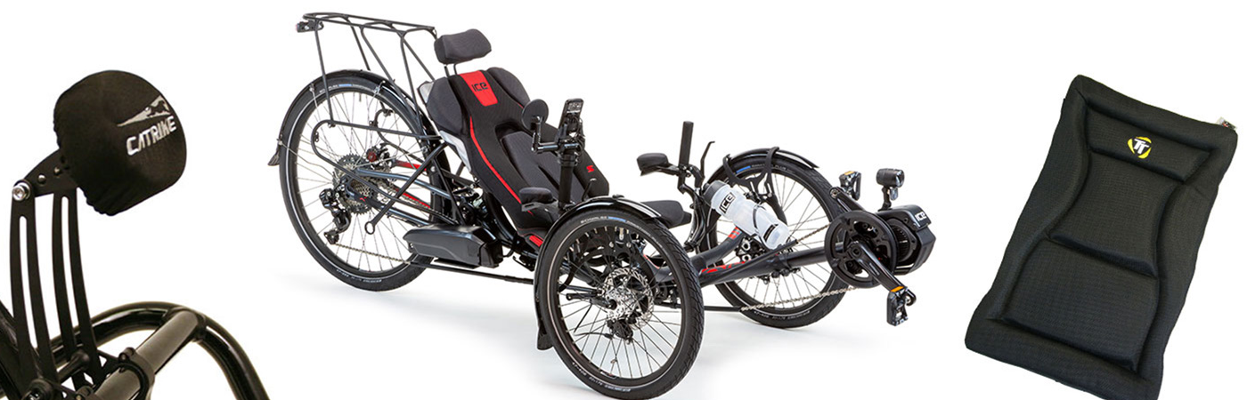Recumbent trike accessories including a Catrike headrest, TerraTrike seat pad, and ICE Sprint