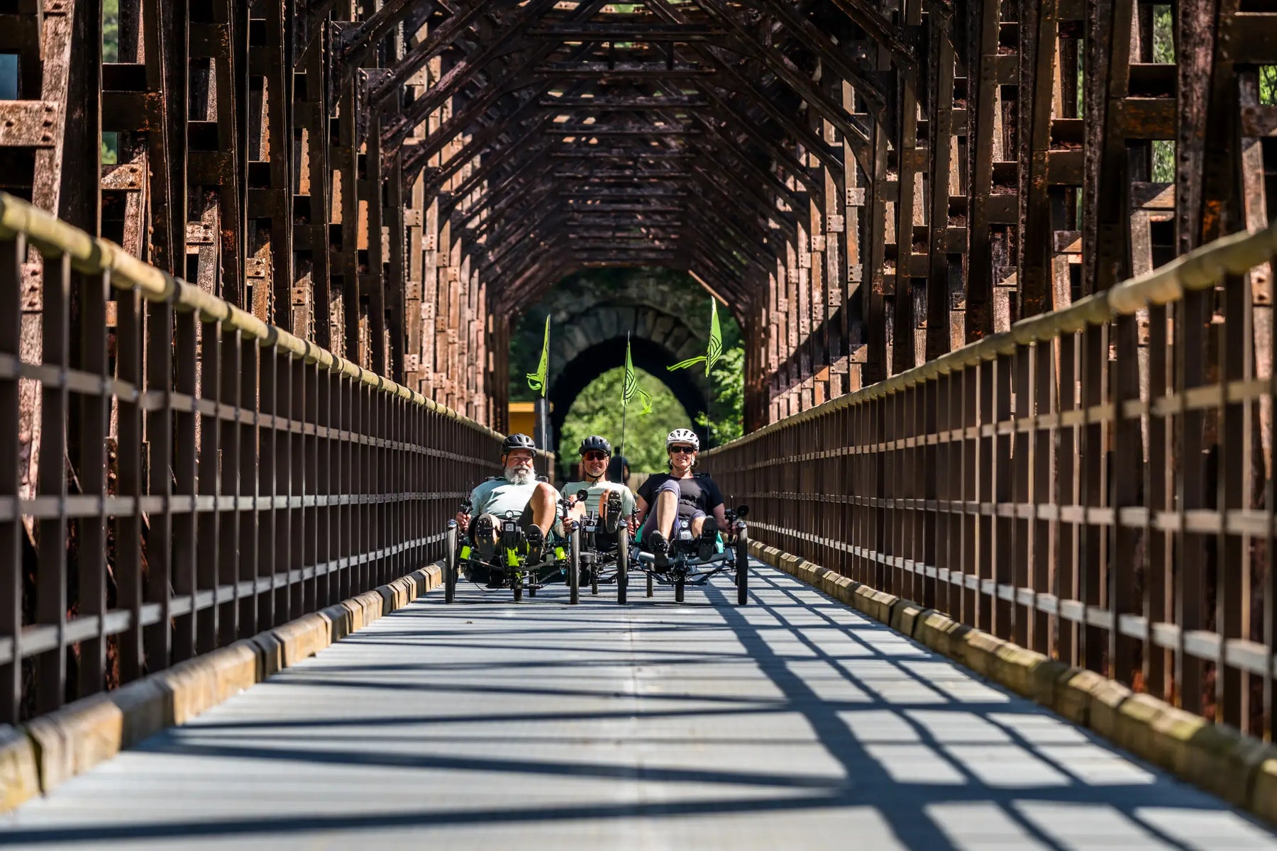 Riders on AZUB T-Tris 20 recumbent trikes on a wooded trail bridge