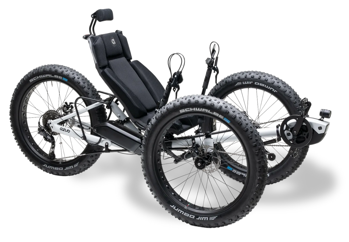 AZUB FAT off-road recumbent trike, front three-quarter studio view