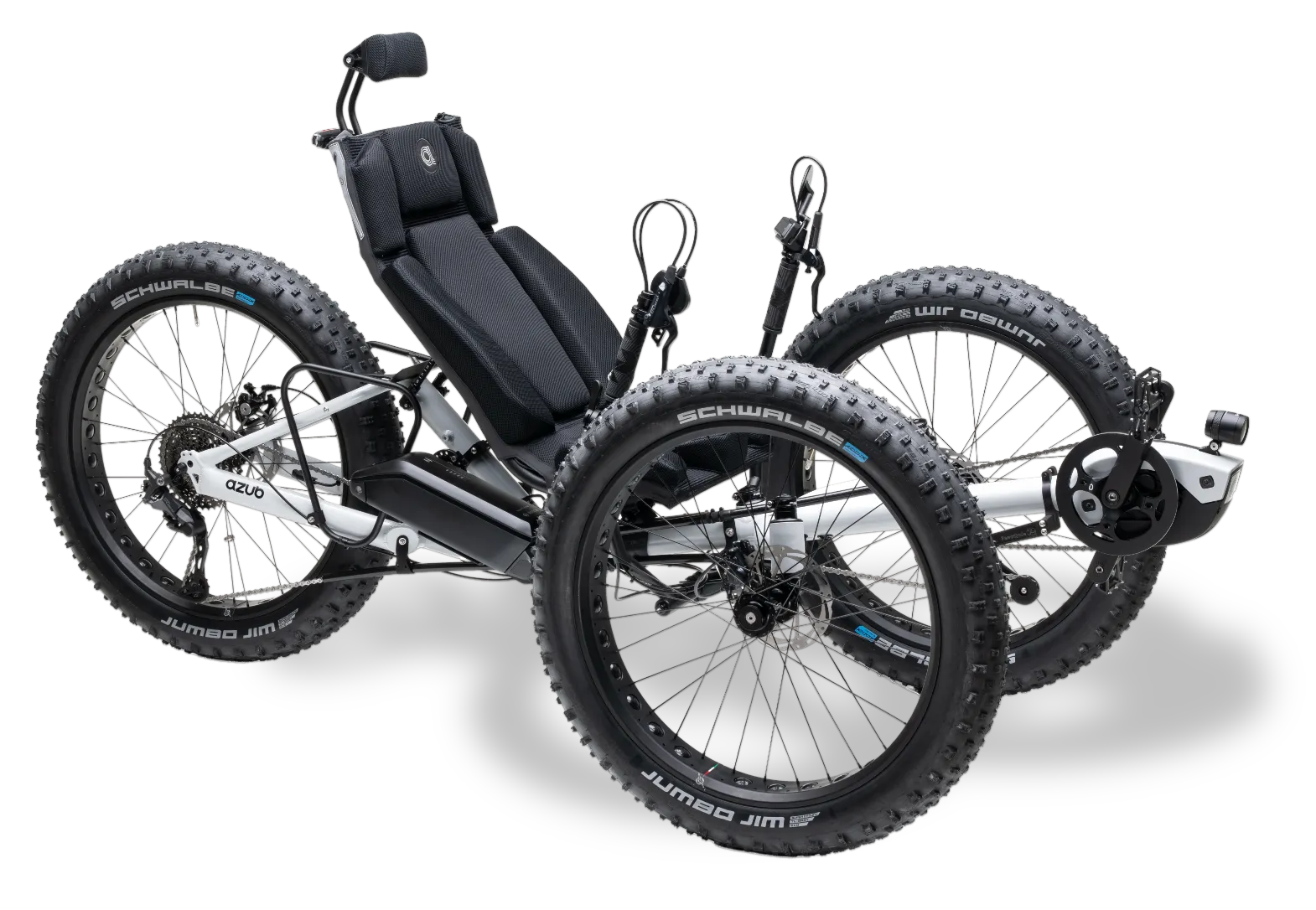 AZUB FAT off-road recumbent trike, front three-quarter studio view