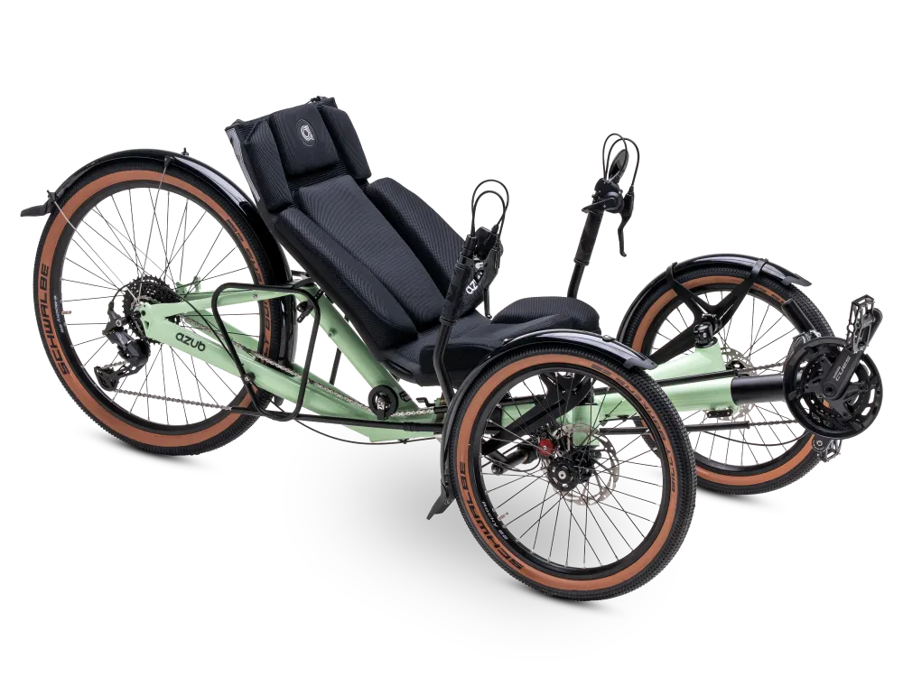 AZUB T-Tris 26 entry-level recumbent trike, front three-quarter studio view