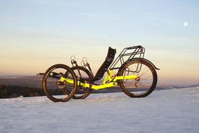 AZUB TRIcon GR recumbent trike side profile with three 26-inch wheels on a snowy ridge