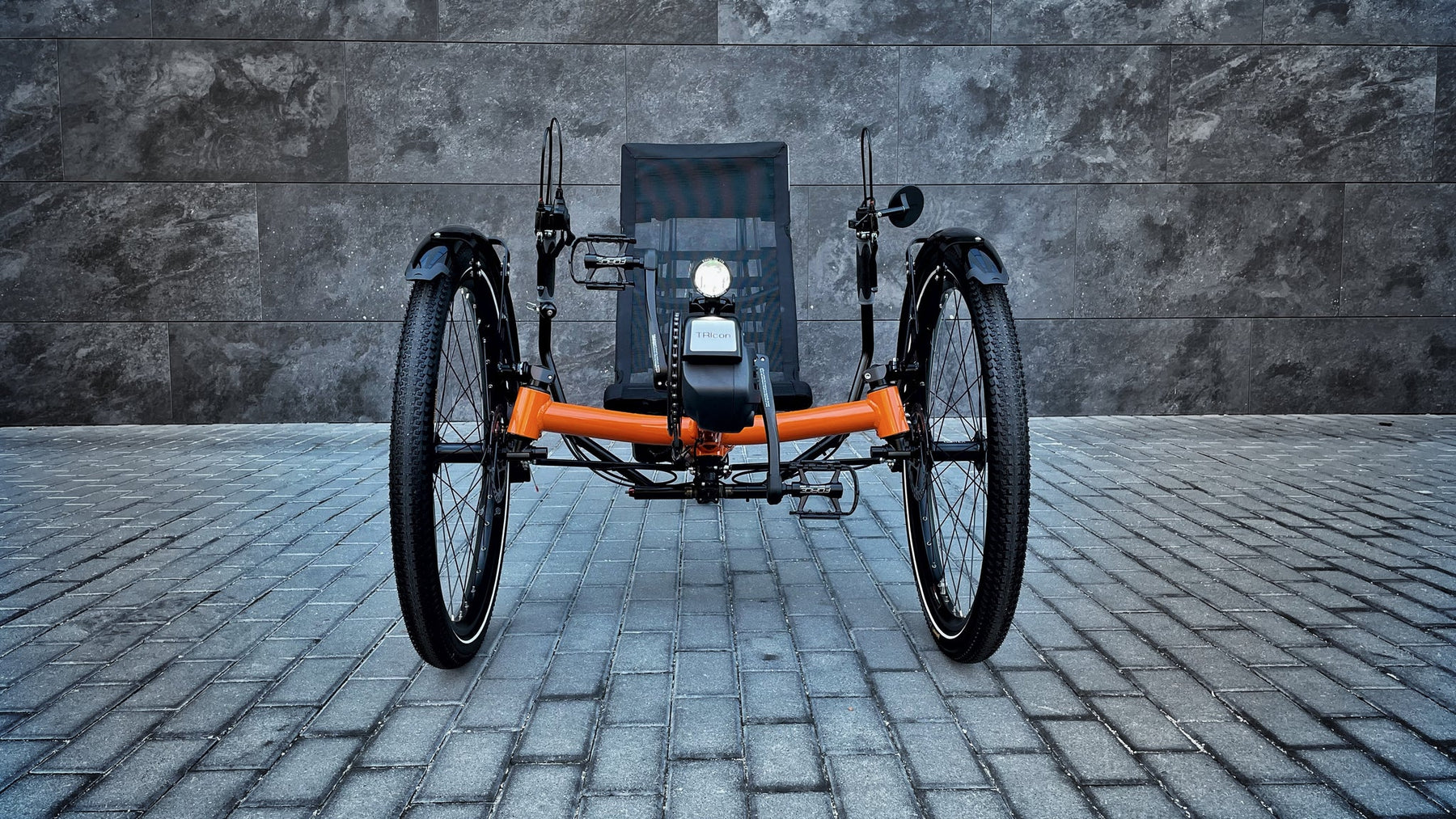 AZUB TRIcon GR recumbent trike front view showing wide track and big wheels