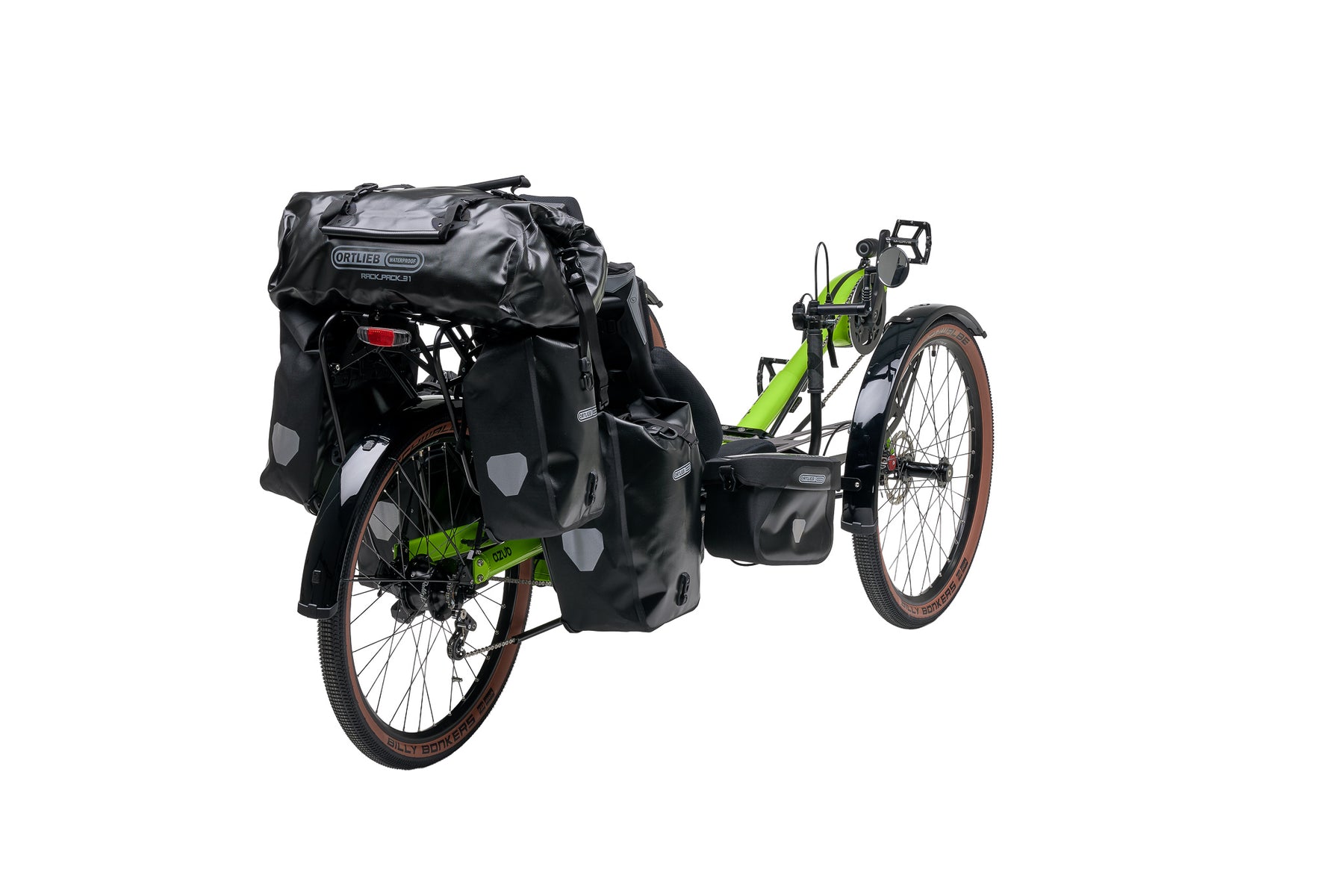 AZUB Ti-FLY X recumbent trike loaded with touring panniers and rear rack, studio view