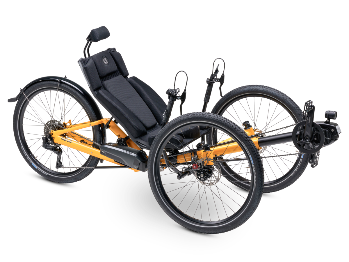AZUB T-Tris AR recumbent trike rear three-quarter view showing triangular rear fork