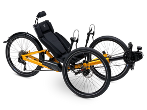 AZUB T-Tris AR recumbent trike in yellow, three-quarter studio view