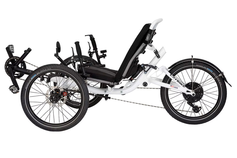 Catrike All Road recumbent trike in white, three-quarter view