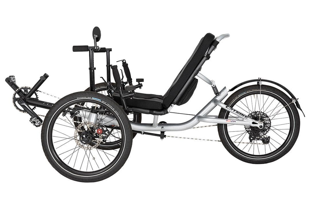 Catrike MAX recumbent trike in silver, three-quarter view