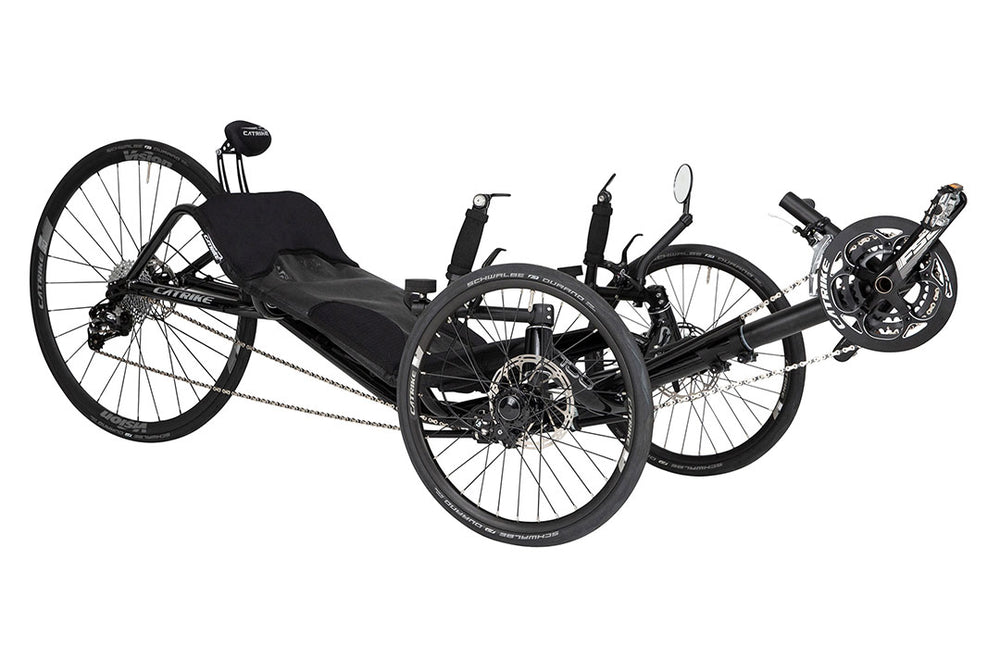 Catrike 700 recumbent trike in black, three-quarter view