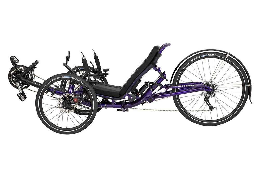 Catrike Dumont recumbent trike in purple, three-quarter view