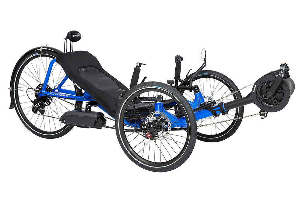 Catrike eCAT Expedition recumbent trike in Electric Blue, rear three-quarter view