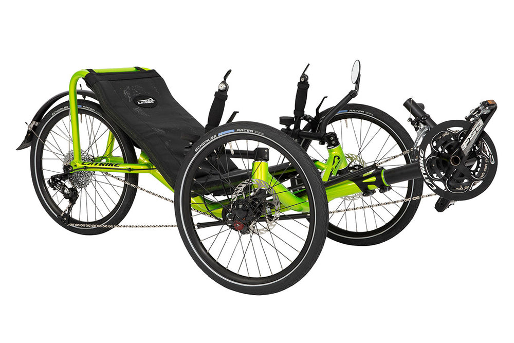 Catrike Pocket recumbent trike in green, three-quarter view