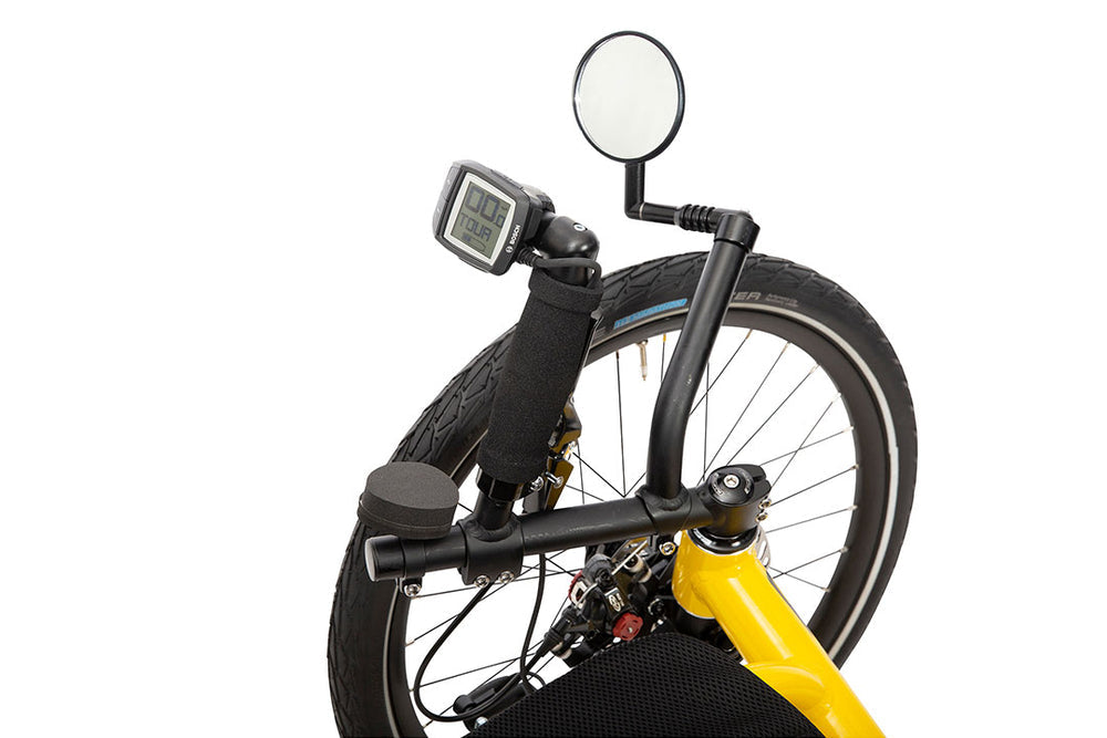 Catrike eCAT Trail direct steering handlebar, adjustable boom, and Bosch Purion display