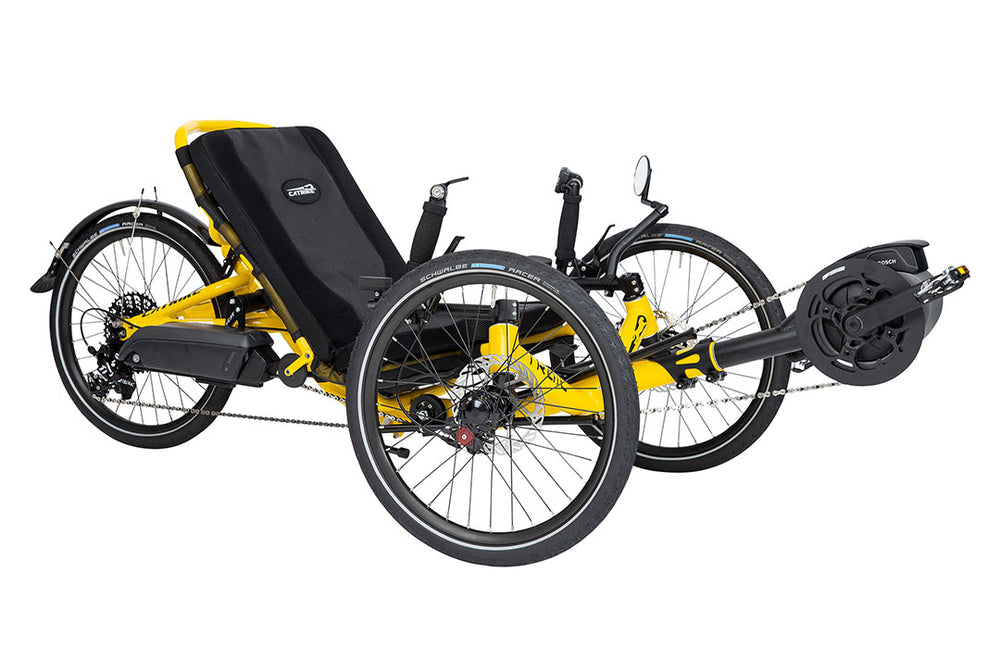Catrike eCAT Trail electric folding recumbent trike in yellow, three-quarter view