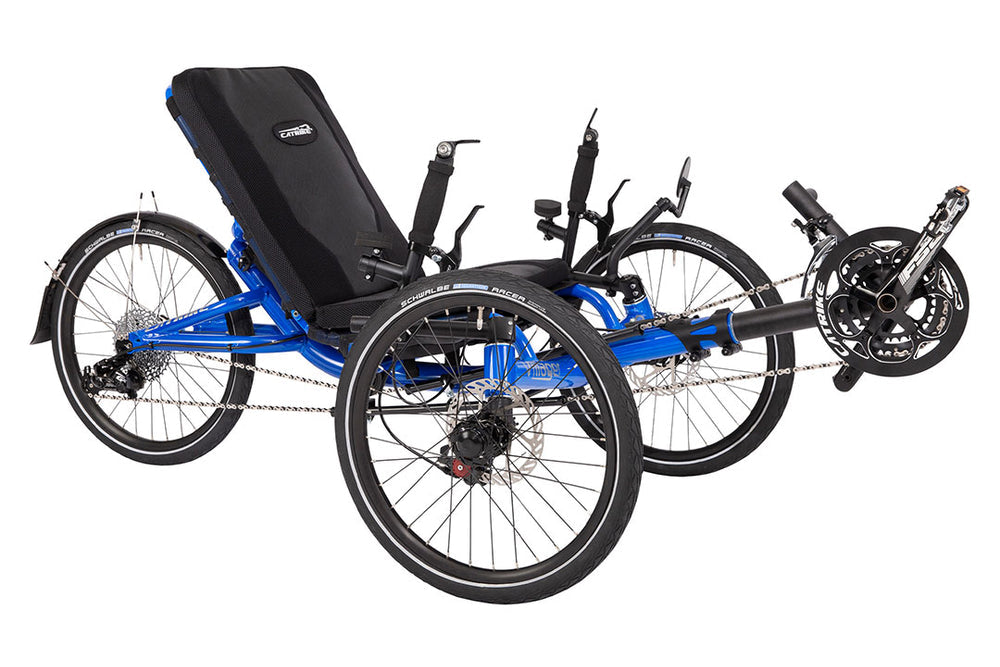 Catrike Villager recumbent trike in blue, three-quarter view