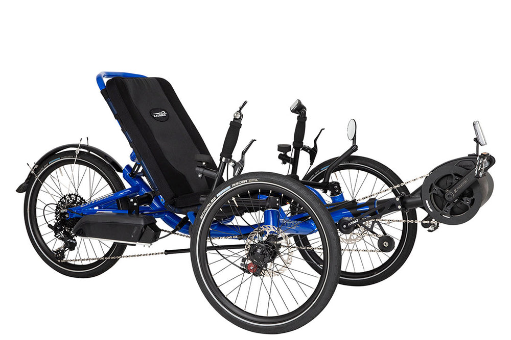 Catrike eCAT Villager electric recumbent trike in blue, three-quarter rear view showing the high upright seat