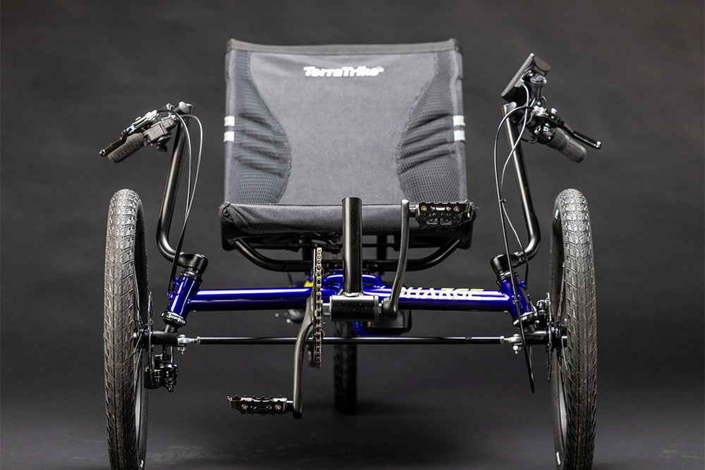 TerraTrike Charge Mantis Green comfort mesh recumbent seat front view with cushioned side bolsters