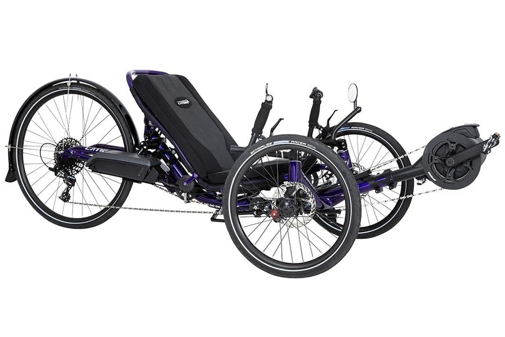 Catrike eCAT Dumont folding electric recumbent trike in purple, rear three-quarter view
