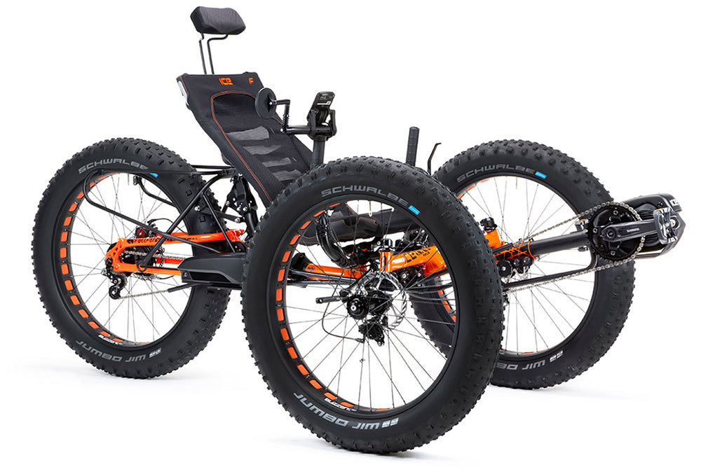 Rear three-quarter view of the ICE Full Fat recumbent trike showing the rear suspension swingarm and fat off-road tires