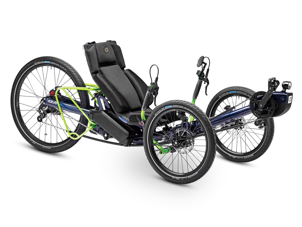 AZUB Ti-FLY 26 full-suspension recumbent trike, rear three-quarter studio view
