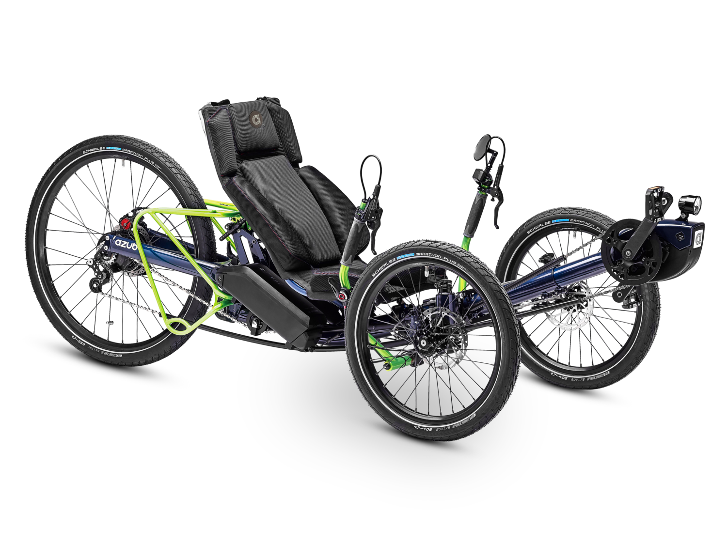 AZUB Ti-FLY 26 full-suspension recumbent trike, rear three-quarter studio view