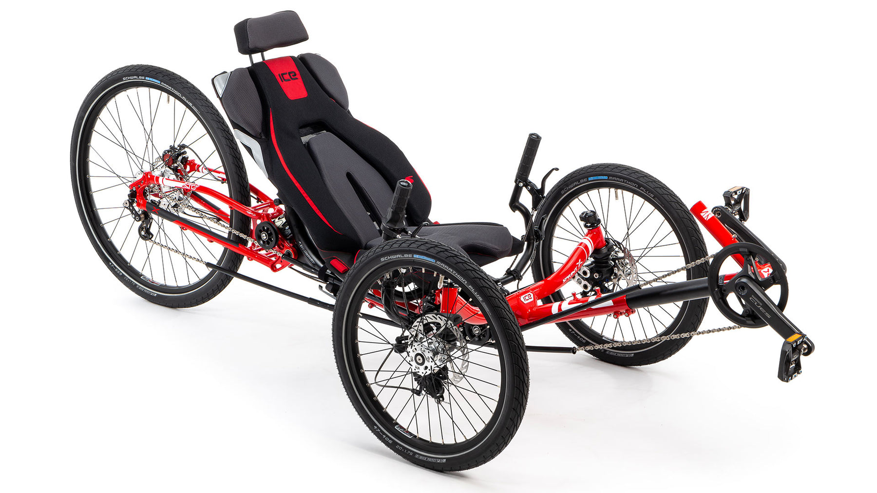 ICE Sprint X Tour recumbent trike in red with comfort seat