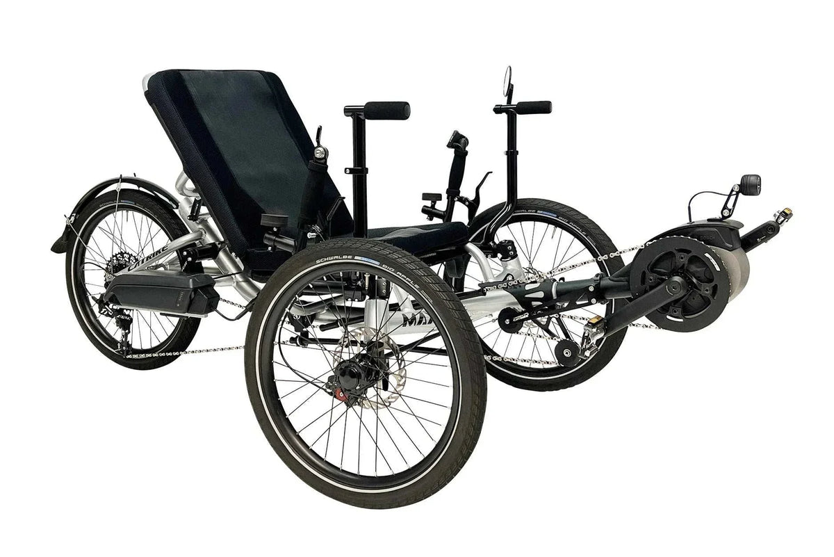 Catrike MAX eCAT three-quarter view in Moon Rock Silver, front pointing right, with Bosch Active Line Plus motor and battery