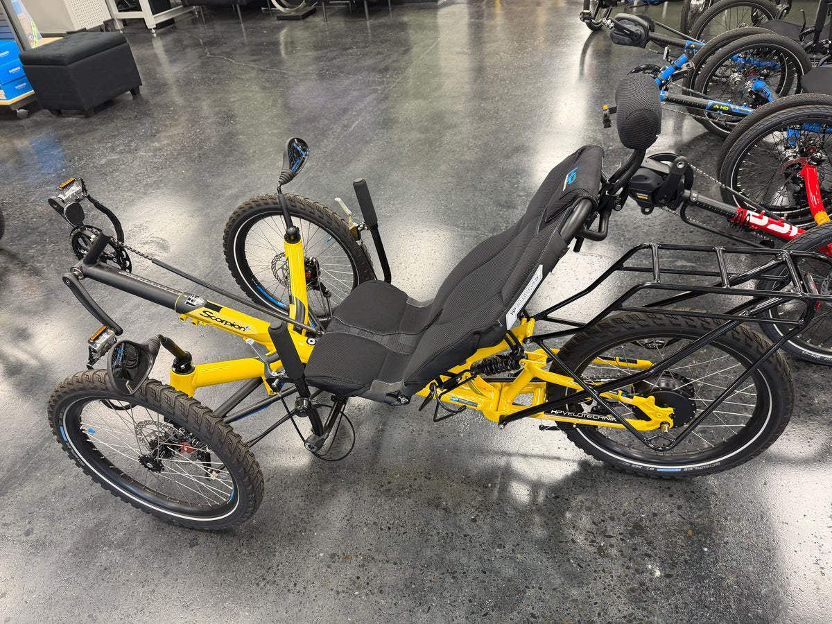 HP Velotechnik Scorpion FS-20 Full-Suspension Recumbent Trike – Envy Yellow – Near-New Demo
